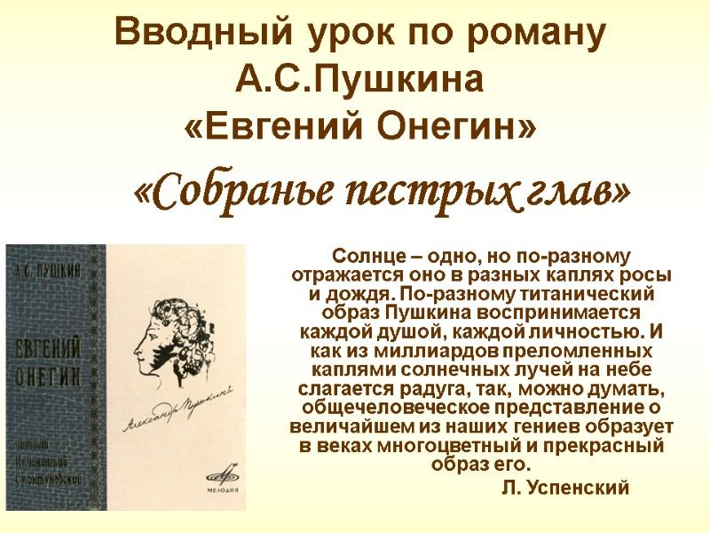 Вводный урок по роману А.С.Пушкина «Евгений Онегин» Солнце – одно, но по-разному отражается Вводный урок по роману А.С.Пушкина «Евгений Онегин» Солнце – одно, но по-разному отражается